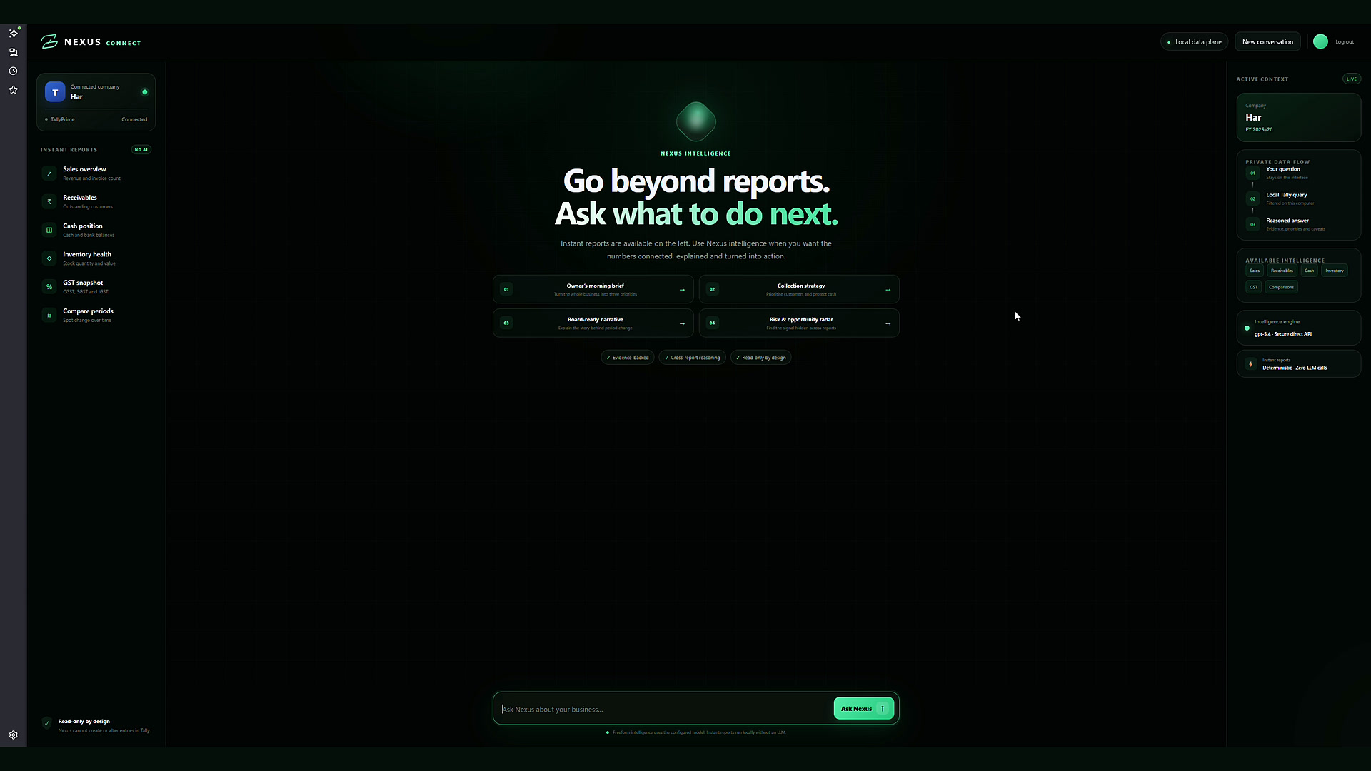 Nexus Connect dashboard connected to an authorized Tally company, with instant reports and intelligence workflows