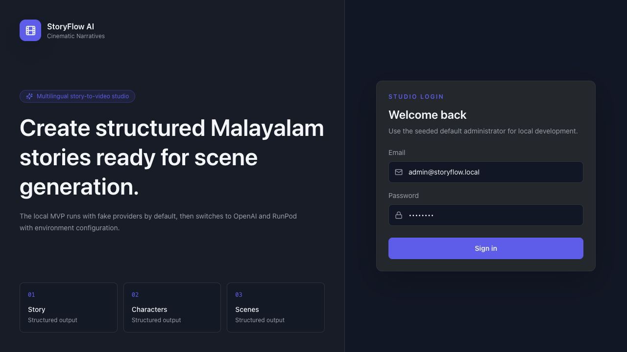StoryFlow AI studio login screen with story, characters and scenes workflow stages