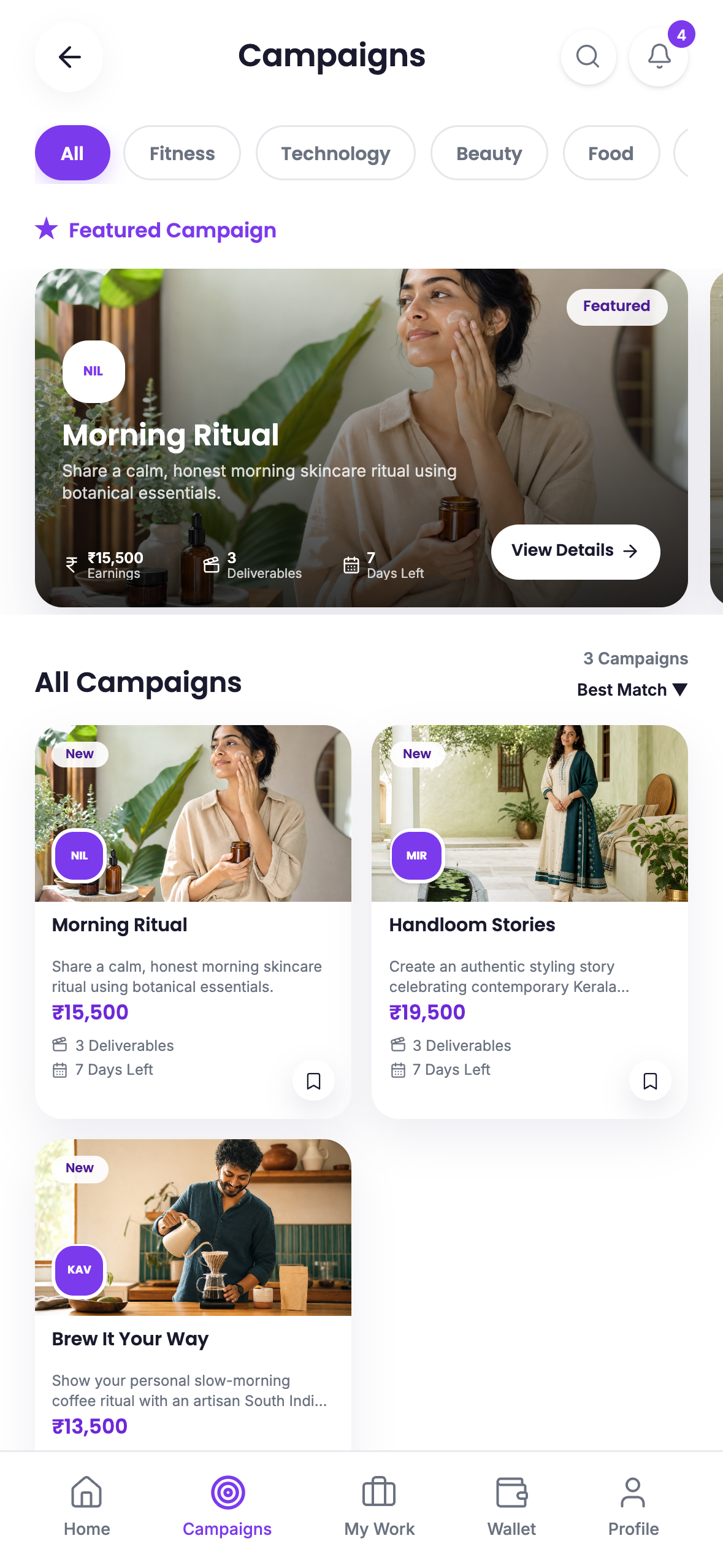 Visibility creator app campaign discovery screen